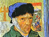 Courtauld 01-1 Vincent Van Gogh - Self-Portrait with Bandaged Ear 1. Vincent van Gogh - Self-Portrait with Bandaged Ear. Arles, January 1889, 61 x 50 cm. On the night of December 23, 1888, Vincent van Gogh was drunk and upset that his friend Paul Gauguin was planning to leave. He waved a knife in Gauguin's face, then cut off a piece of his own ear and gave it to a prostitute. Gauguin quickly left for Paris, and van Gogh went to a hospital.  A week later, Vincent looked in the mirror and saw a calm man with an unflinching gaze, dressed in a heavy coat (painted with thick, vertical strokes of blue and green) and fur-lined hat, and a slightly stained bandage over his ear.